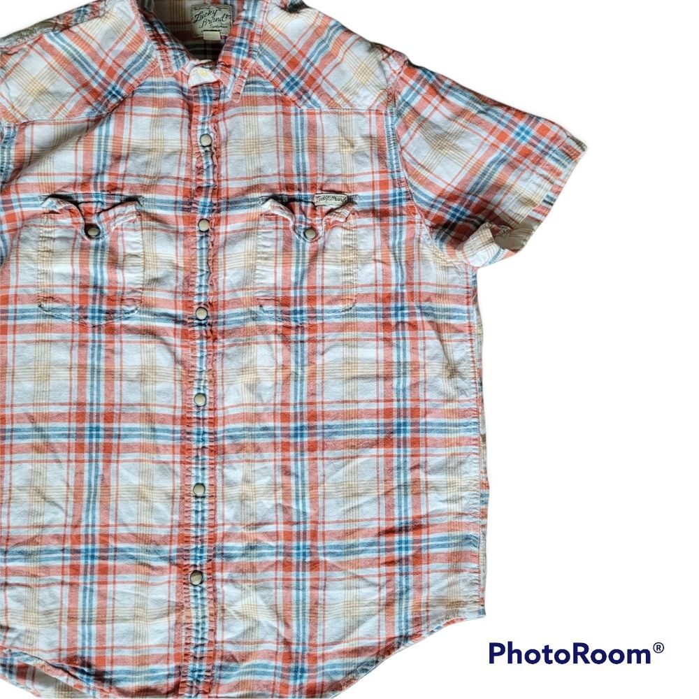 🎉🎉HP!🎈🎈Lucky Brand Plaid Short Sleeve Button-Down Shirt - L - Picture 2 of 6